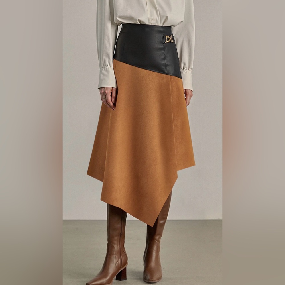 Commense Two-Tone Asymmetrical Skirt in Camel Suede & Black Faux Leather